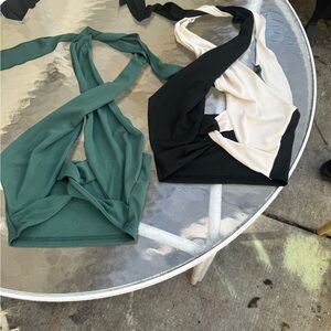 Women's Twist Front Halter Crop Top - Green and Black/White